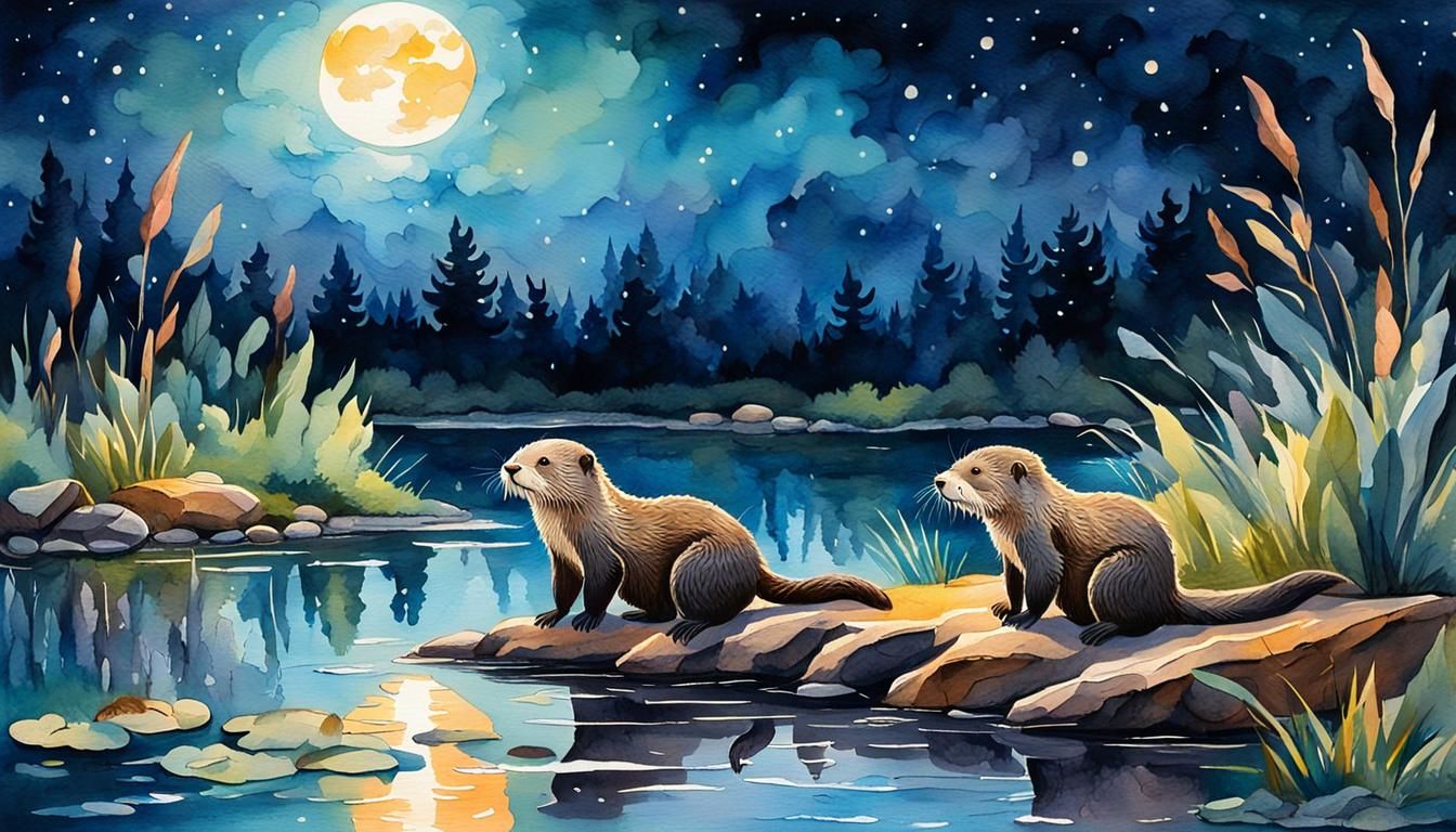 Playful Otters in Gouache Watercolor Style