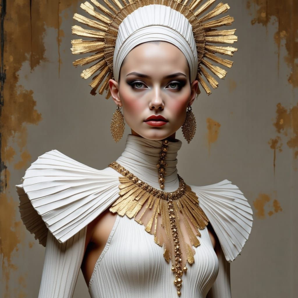 Ethereal Avant-Garde Runway Model in Luxurious Whites and Go...