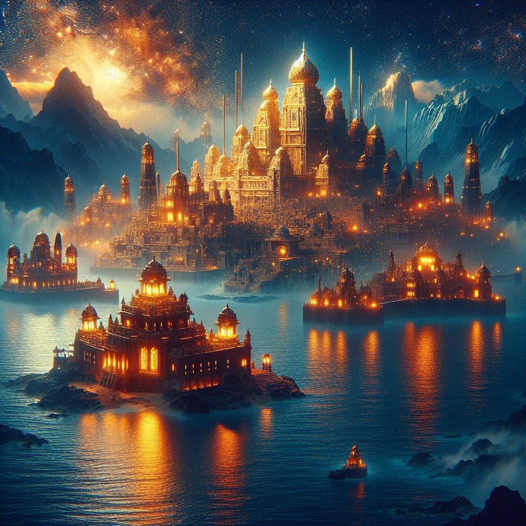 Golden Fortresses of Dwarka City Shine on the Midnight Ocean