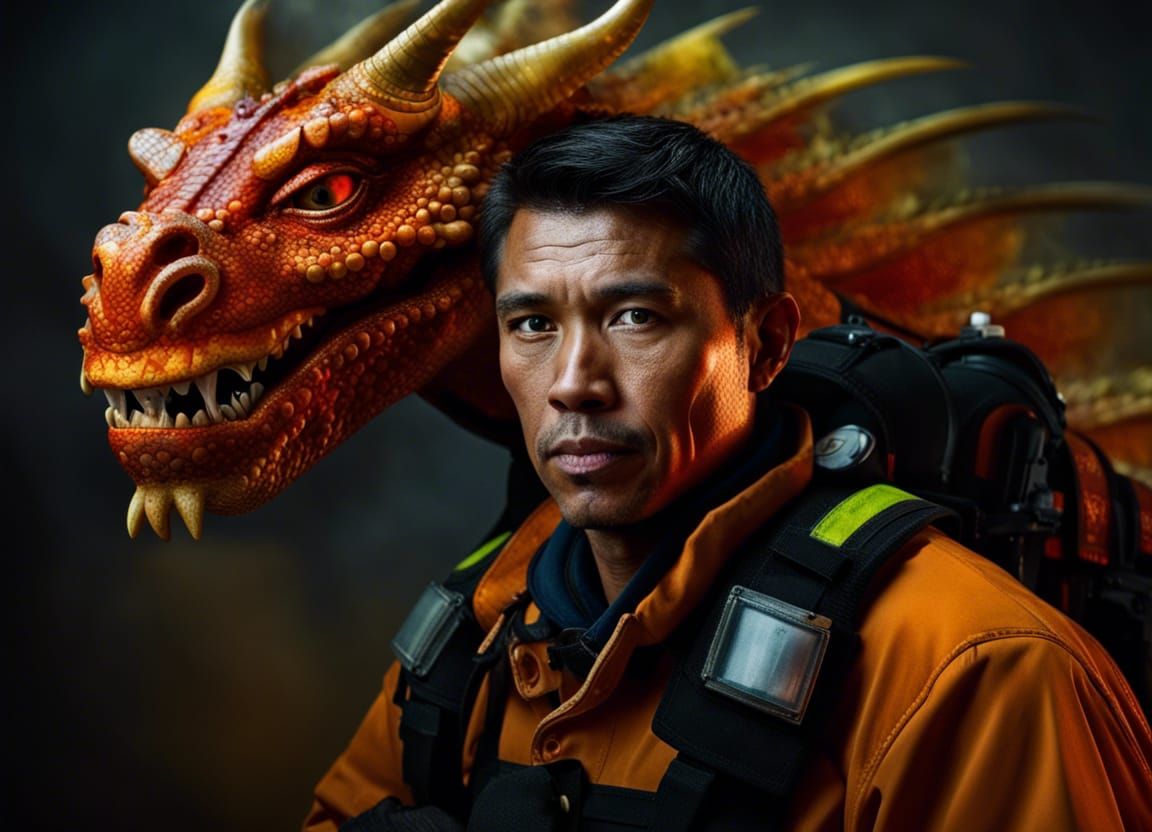 Dragon Firefighter Hybrid Portrait in Expressionist Style