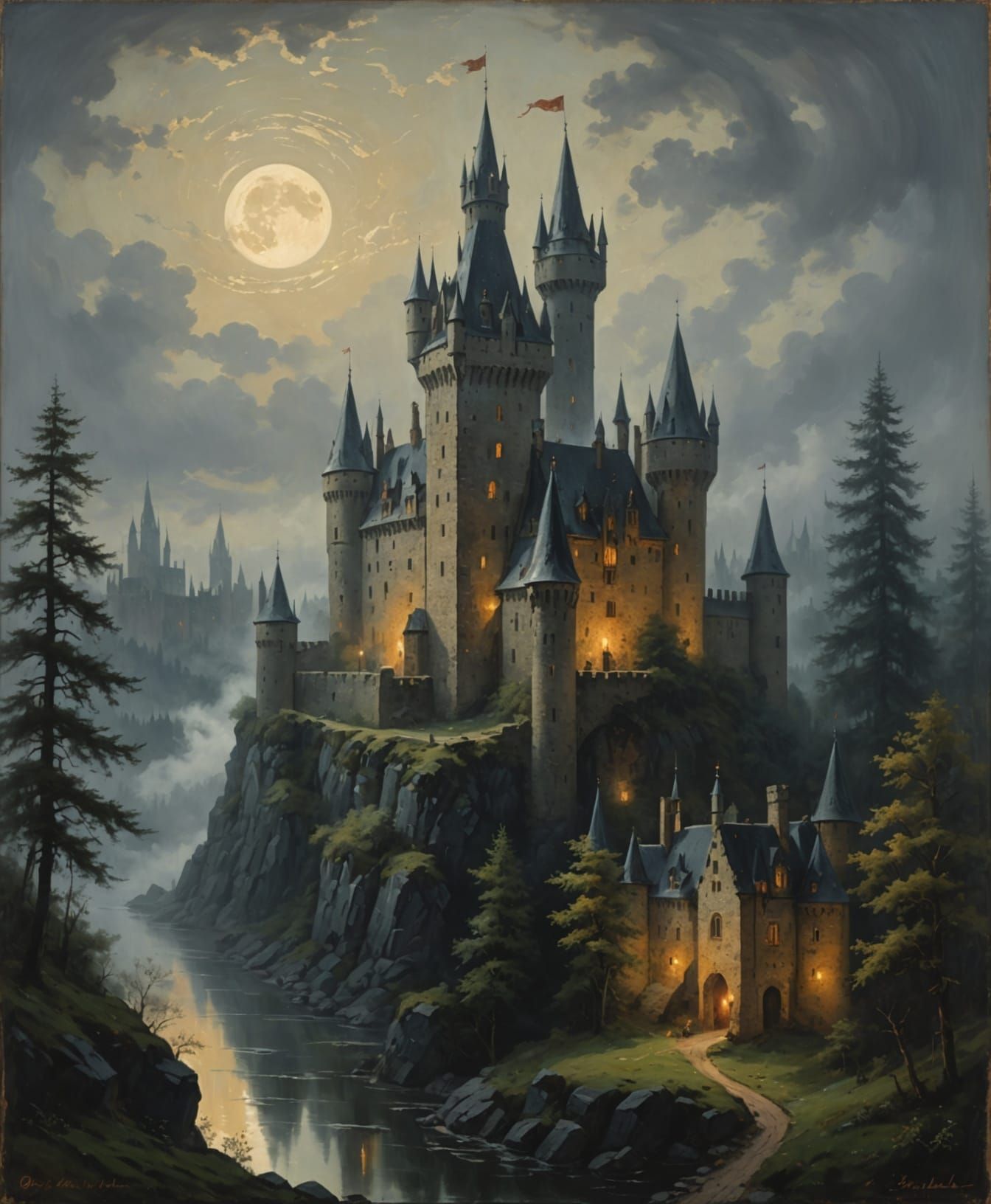 Atmospheric Medieval Castle Illustration in Foggy Forest