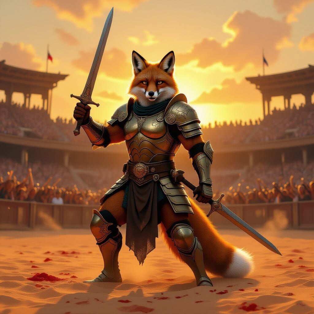 Fox Gladiator Triumphant in Arena at Sunset