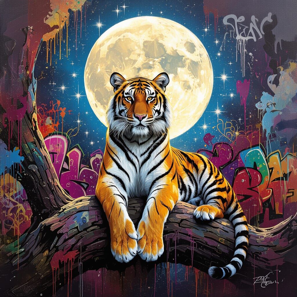 Majestic Tiger Under Graffiti Moon in Polychromatic Style