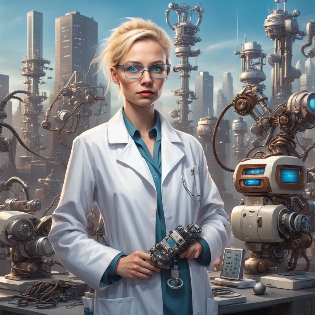 Young Scientist Inventor in Sci-Fi City with Robots