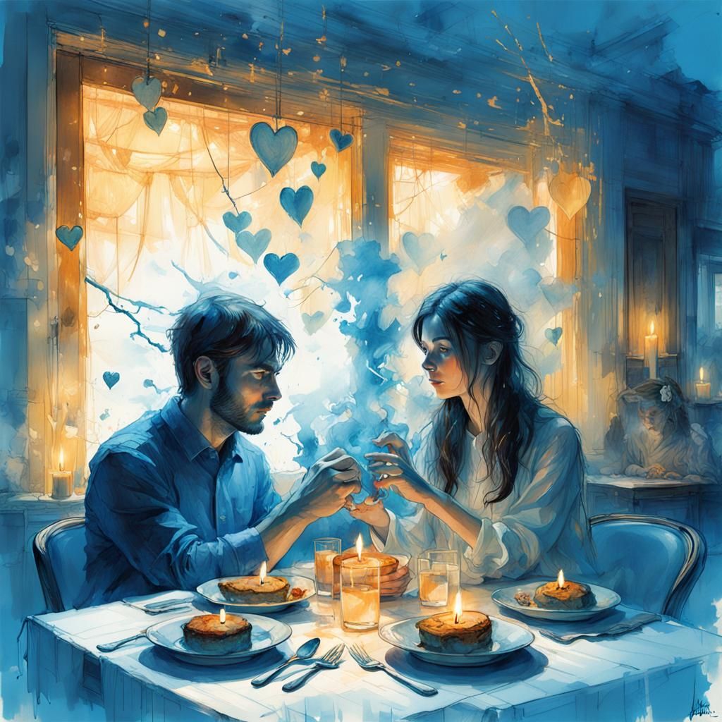 Electric Blue Couple at Candlelit Dinner