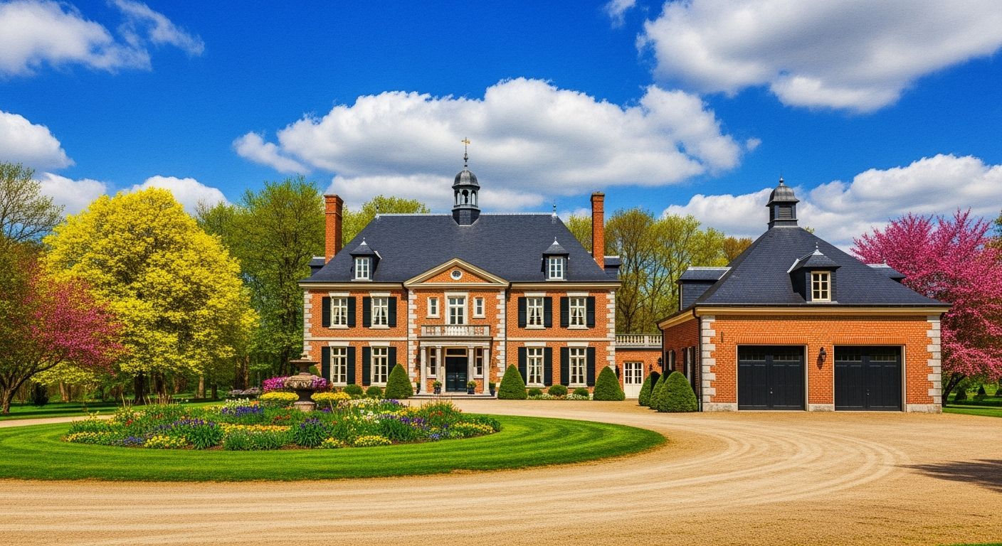 Grand Brick Chateau with Vibrant Trees and Flowers