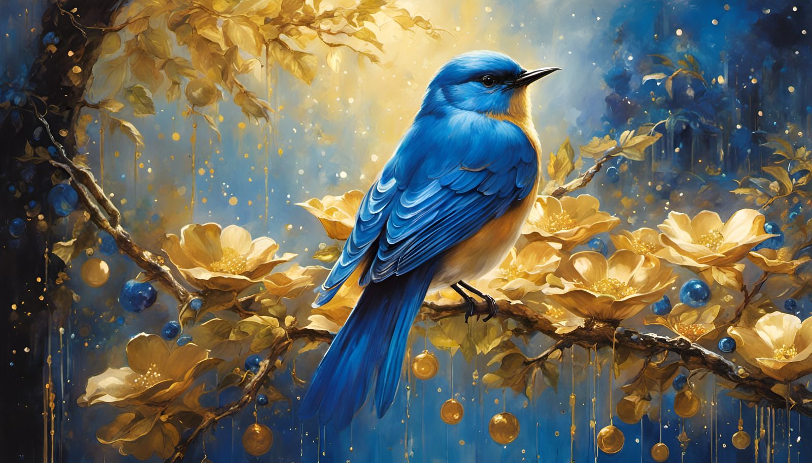 Bluebird in Gold and Blue Sparkles, Detailed Art