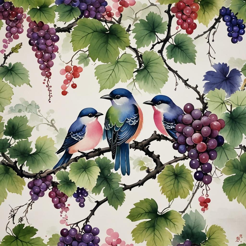 Birds on Grape Vine in Chinese Painting Style