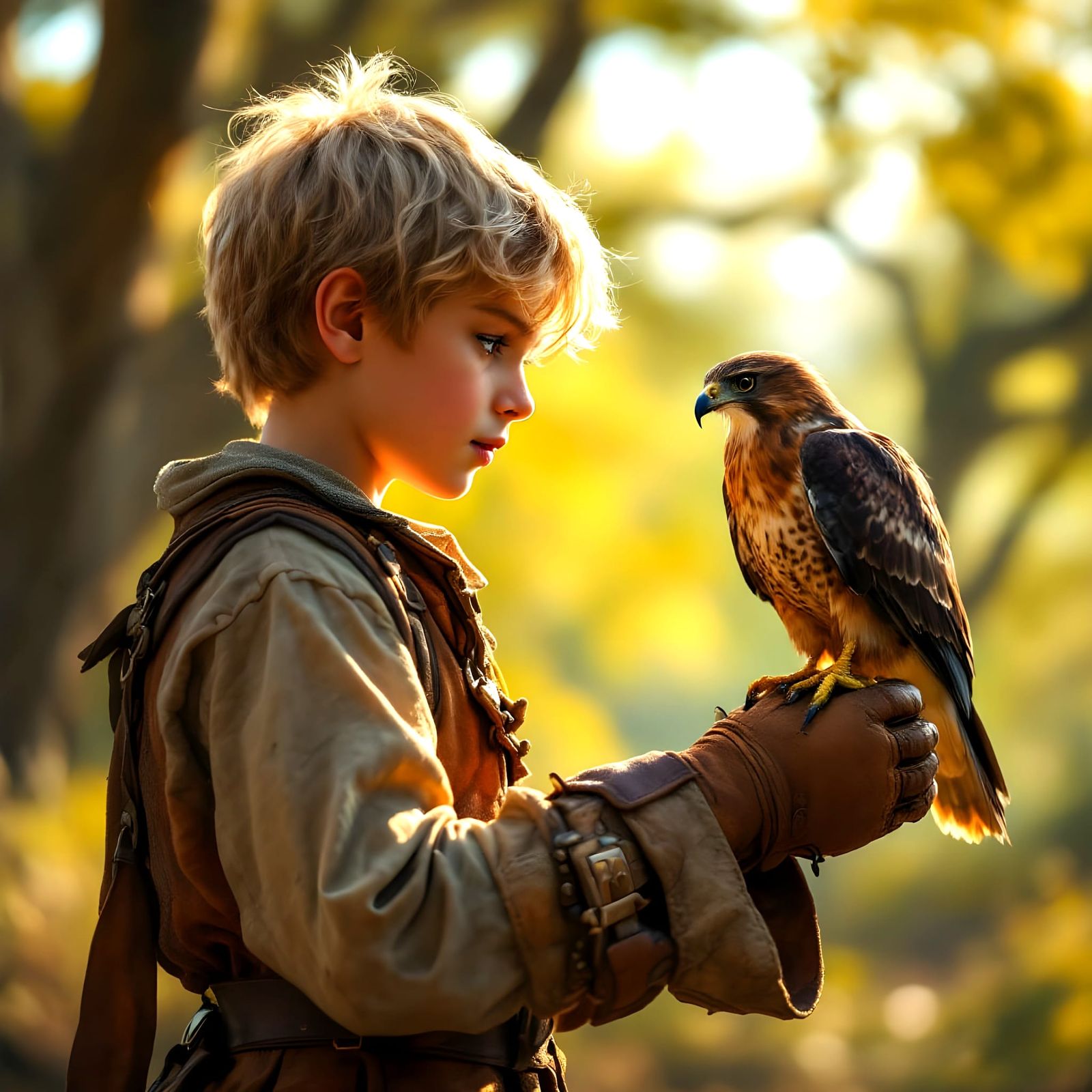 Young Boy and Hawk in Oak Forest