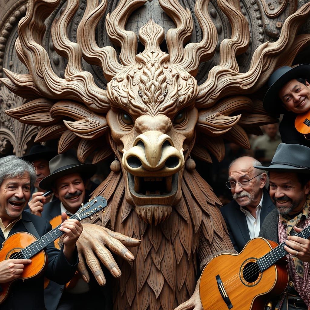 Joyful Ragtime Band Surrounds Carved Mythical Creature Statu...