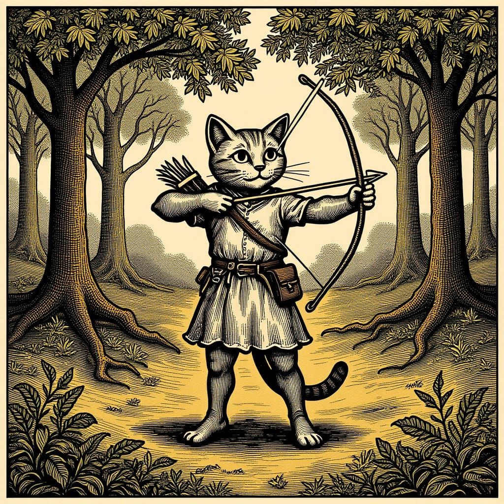 Cupid Cat in Sunny Forest Woodcut Style