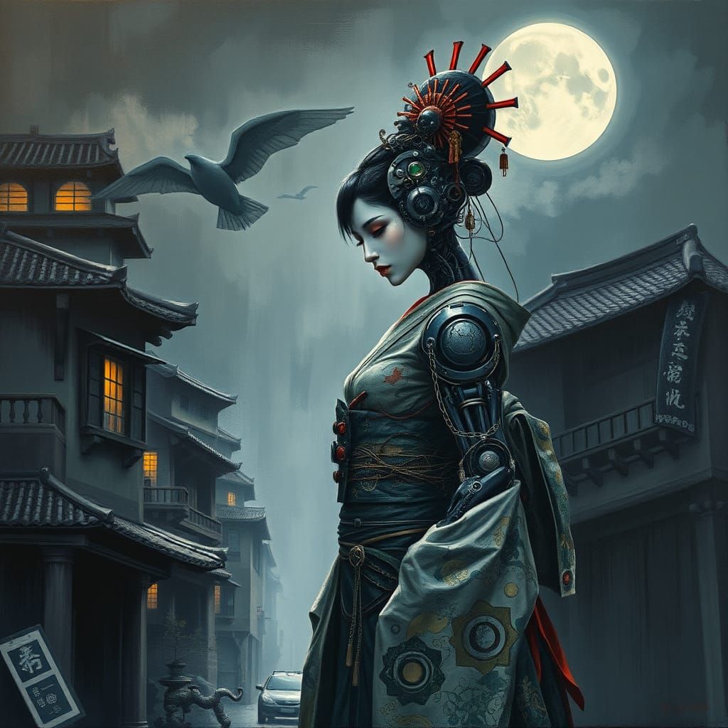 Cybernetic Geisha in Moonlit Cityscape as Impasto Painting