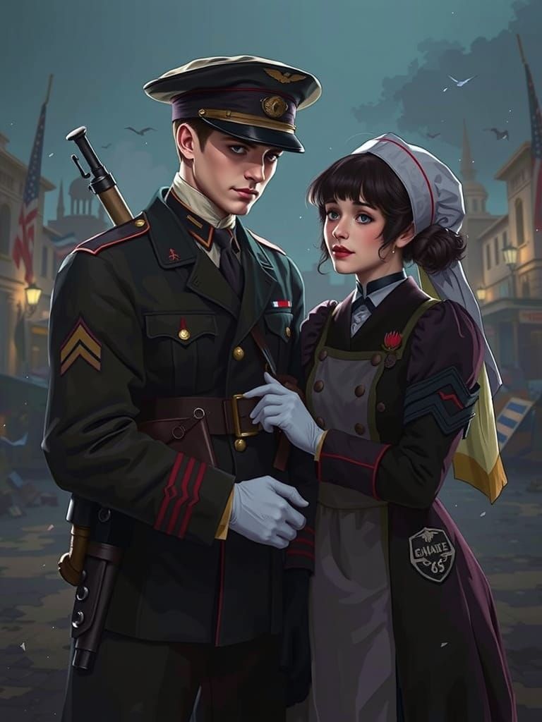 Forbidden Love in War-Torn Italy, Hyperrealistic Splash Art