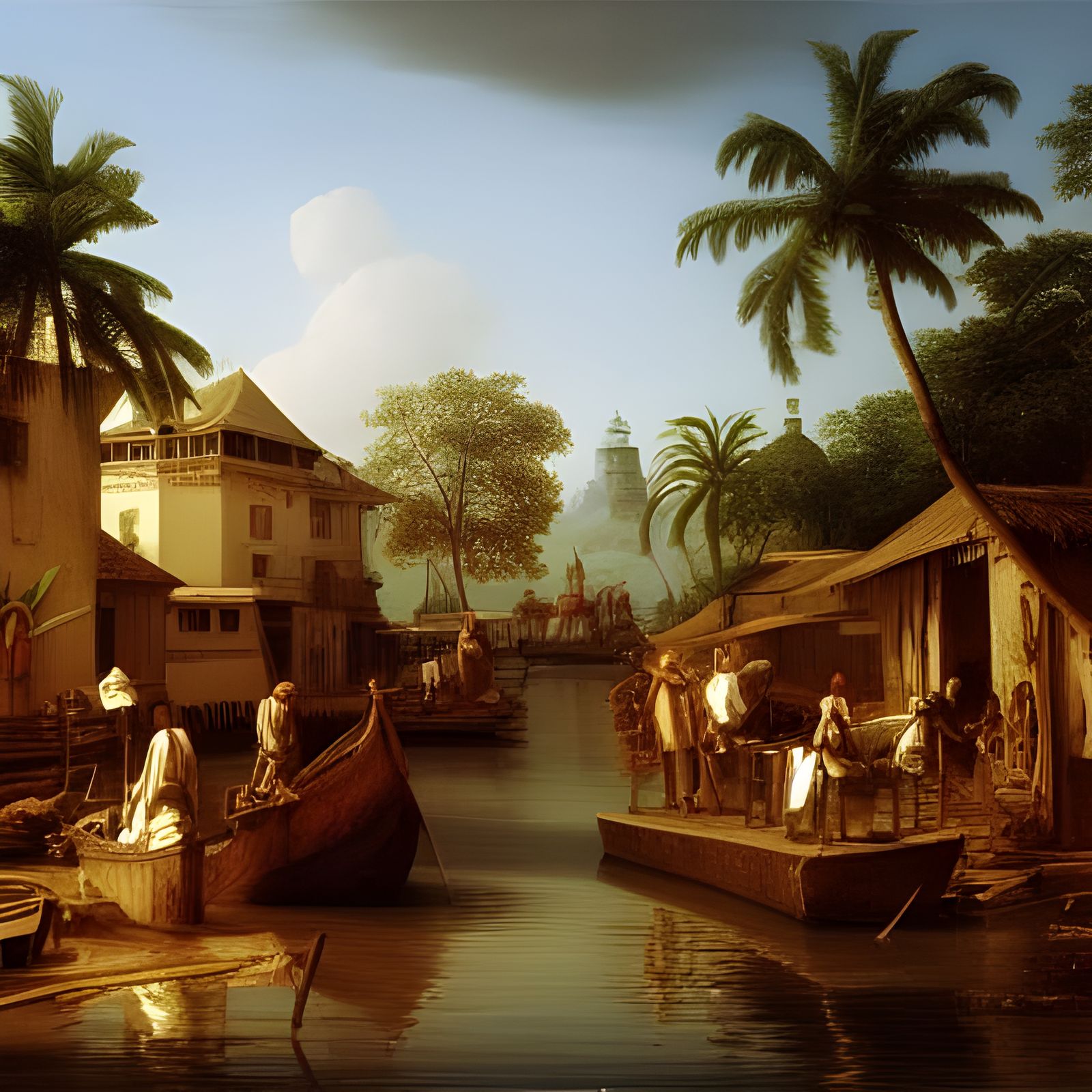 Tropical Colonial Town: Oil Painting in Luminism Art Style