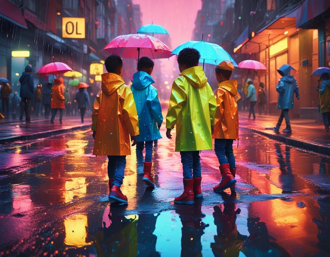 Children in Fluorescent Raincoats on Wet City Street