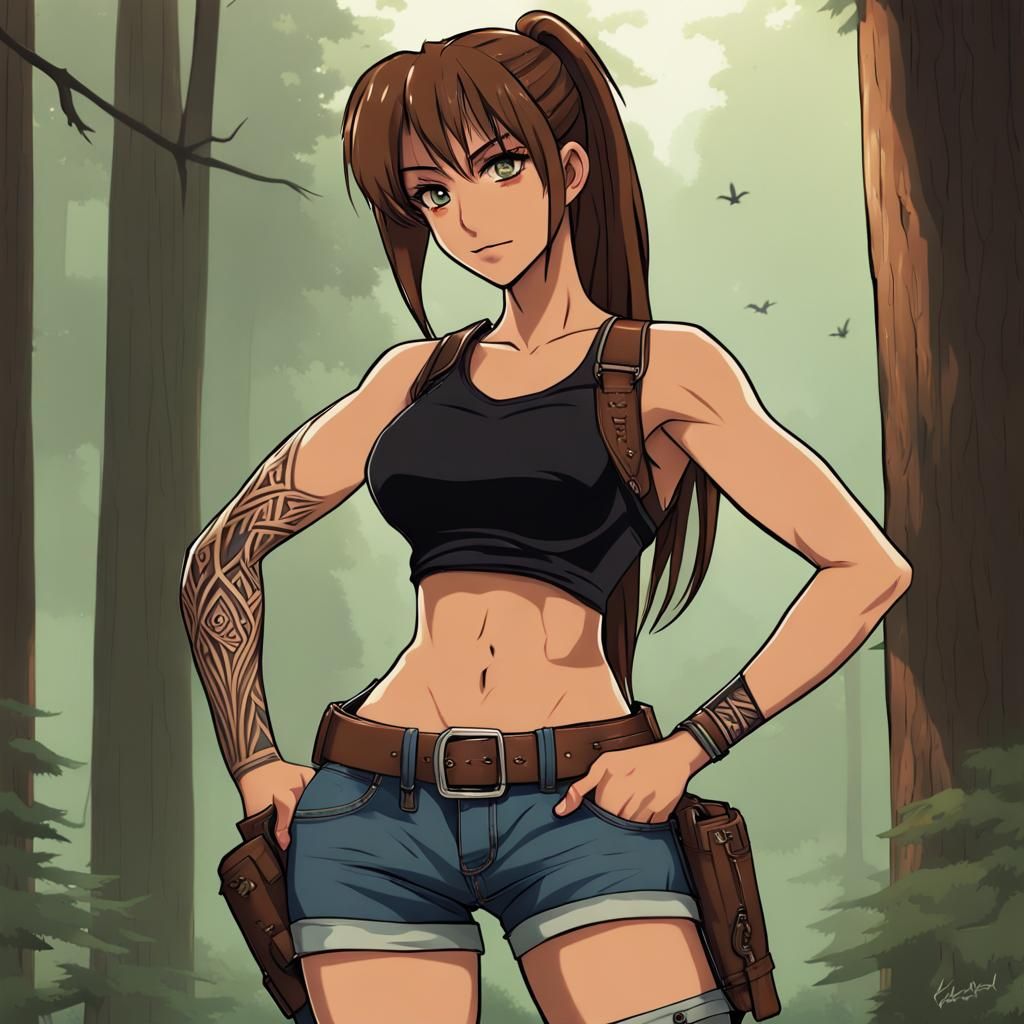 Anime Girl with Tribal Tattoo in Forest Setting