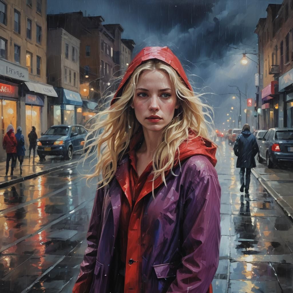 Woman in Red Coat Walking in Rainy City, Impressionist Style