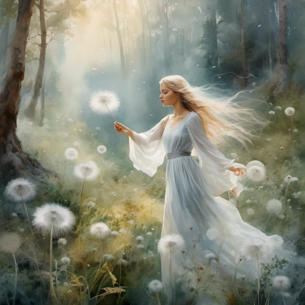 Ethereal Woman in Forest with Dandelion, Watercolor Style