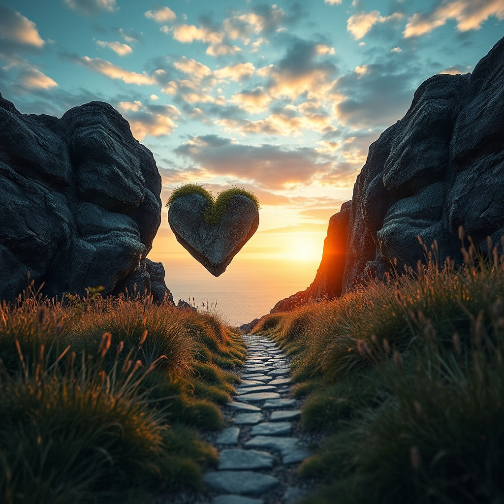 Floating Heart Rock Formation with Lush Vegetation