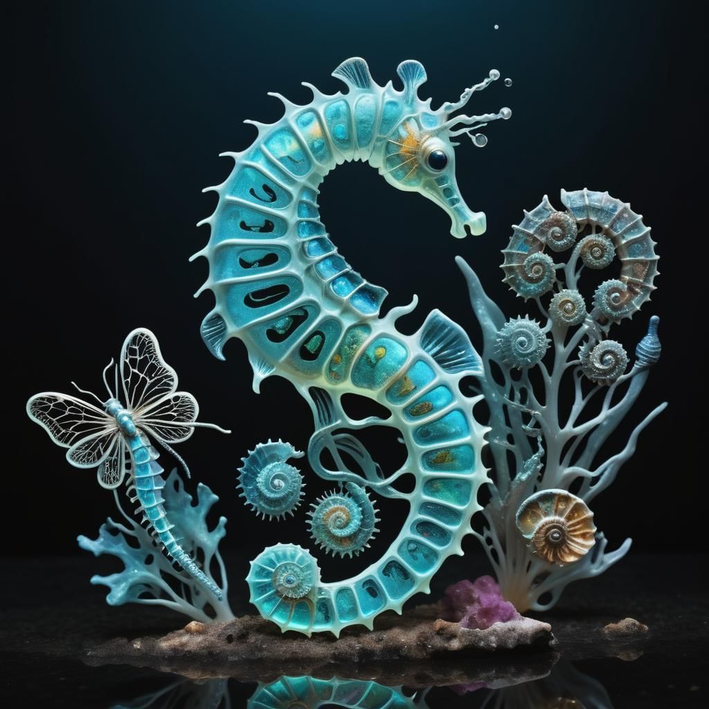 Bioluminescent Metallic Seahorse and Ammonite Vision