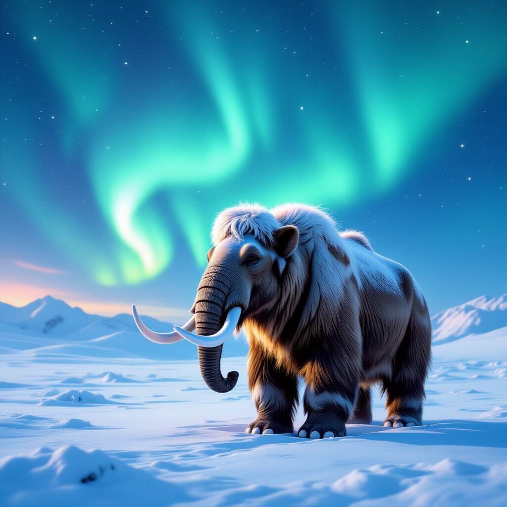Woolly Mammoth Calf Under Aurora Borealis