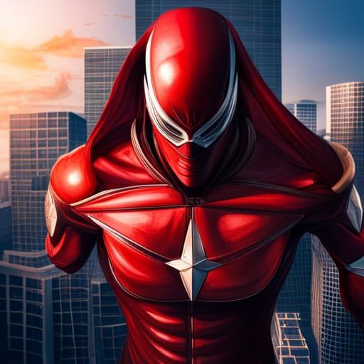 Muscular Red Superhero on Building Top
