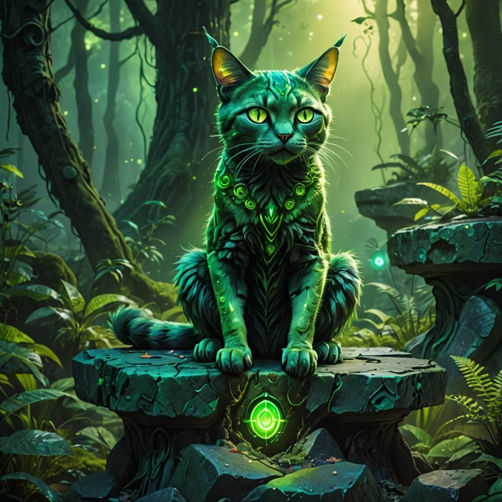 Green Alien Cat in Mystical Forest: Digital Art