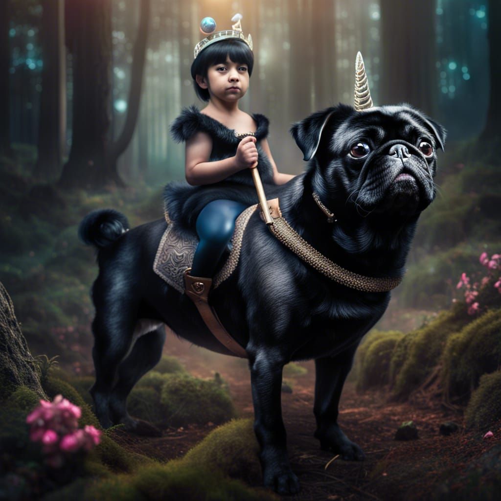 Black Pug Rides Unicorn in Enchanted Forest