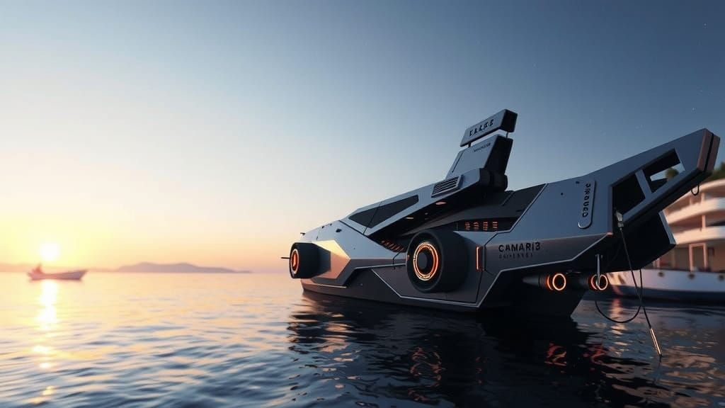 Cyberpunk Ship Anchored in a Mediterranean Sunset