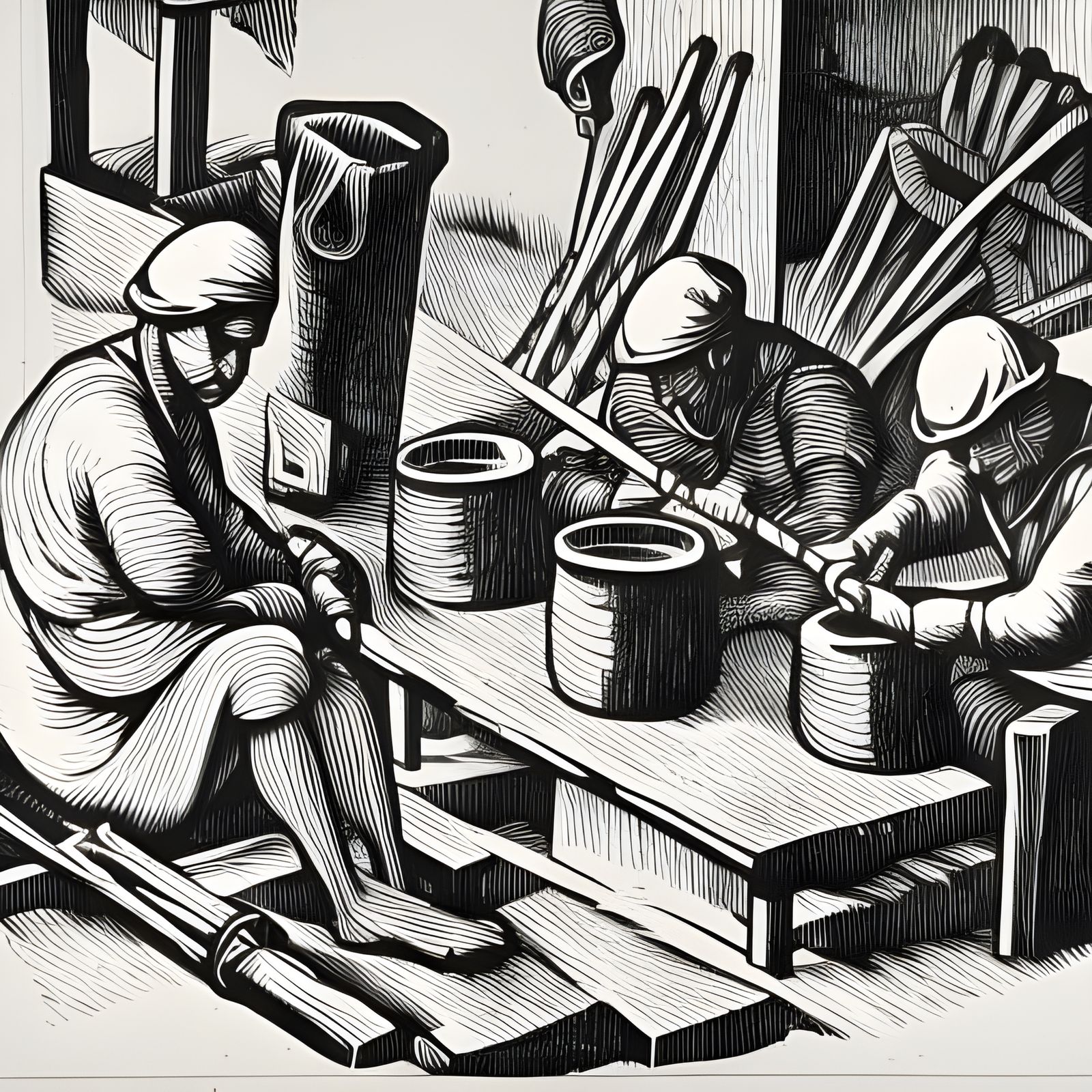 Checkered Workers Forging Tools: Linocut Charcoal Drawing