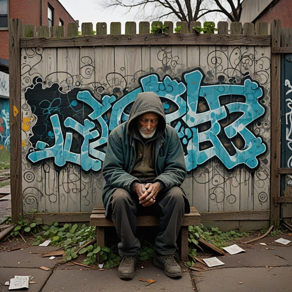 Surreal Graffiti Art on Abandoned Lot with Sleeping Man