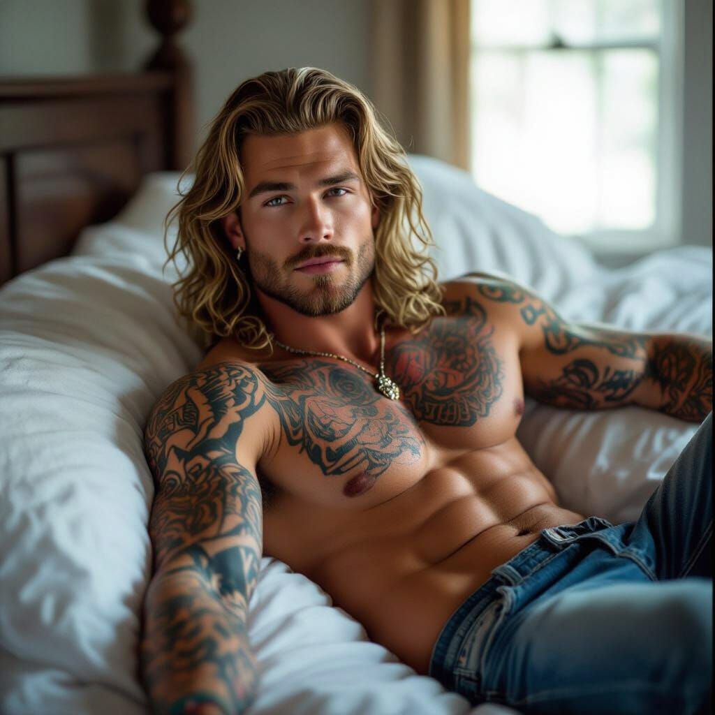 Tattooed Man with Long Blond Hair Relaxing on Bed