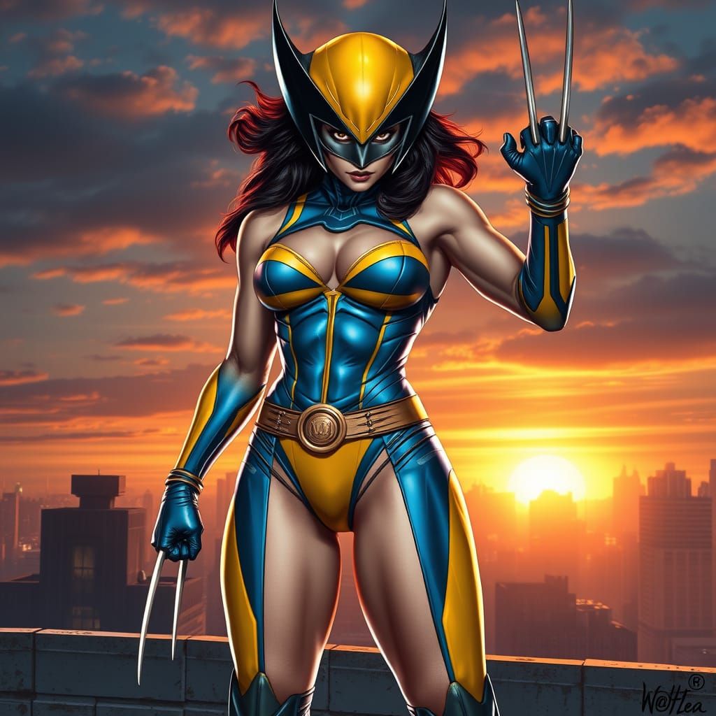 Female Wolverine in Metallic-Blue Bikini Superhero Pose
