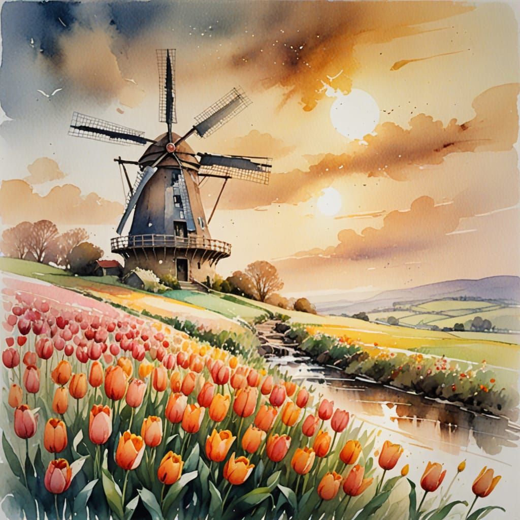 Ethereal Dutch Windmill Landscape in Watercolour