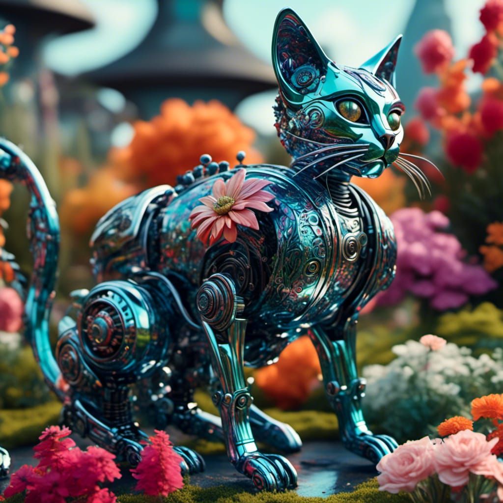 Chrome Robot Cat-Dragon in Flower Garden
