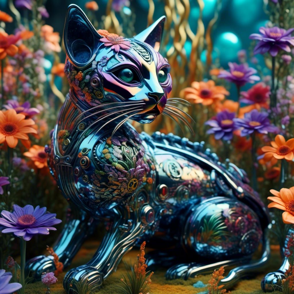 Chrome Robot Cat-Dragon in Flower Garden