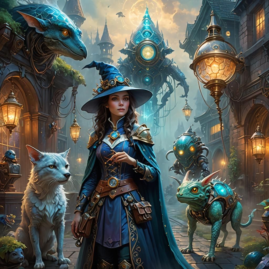 Steampunk Wizard with Strange Pet in Ethereal Mist