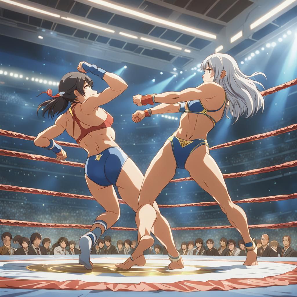 Anime Supergirl Bikini Wrestling in Ghibli Style