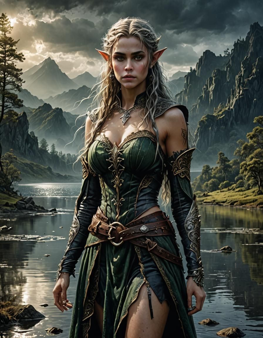 Gorgeous Elf in Lake: Hyperrealistic Dark Fantasy Portrait