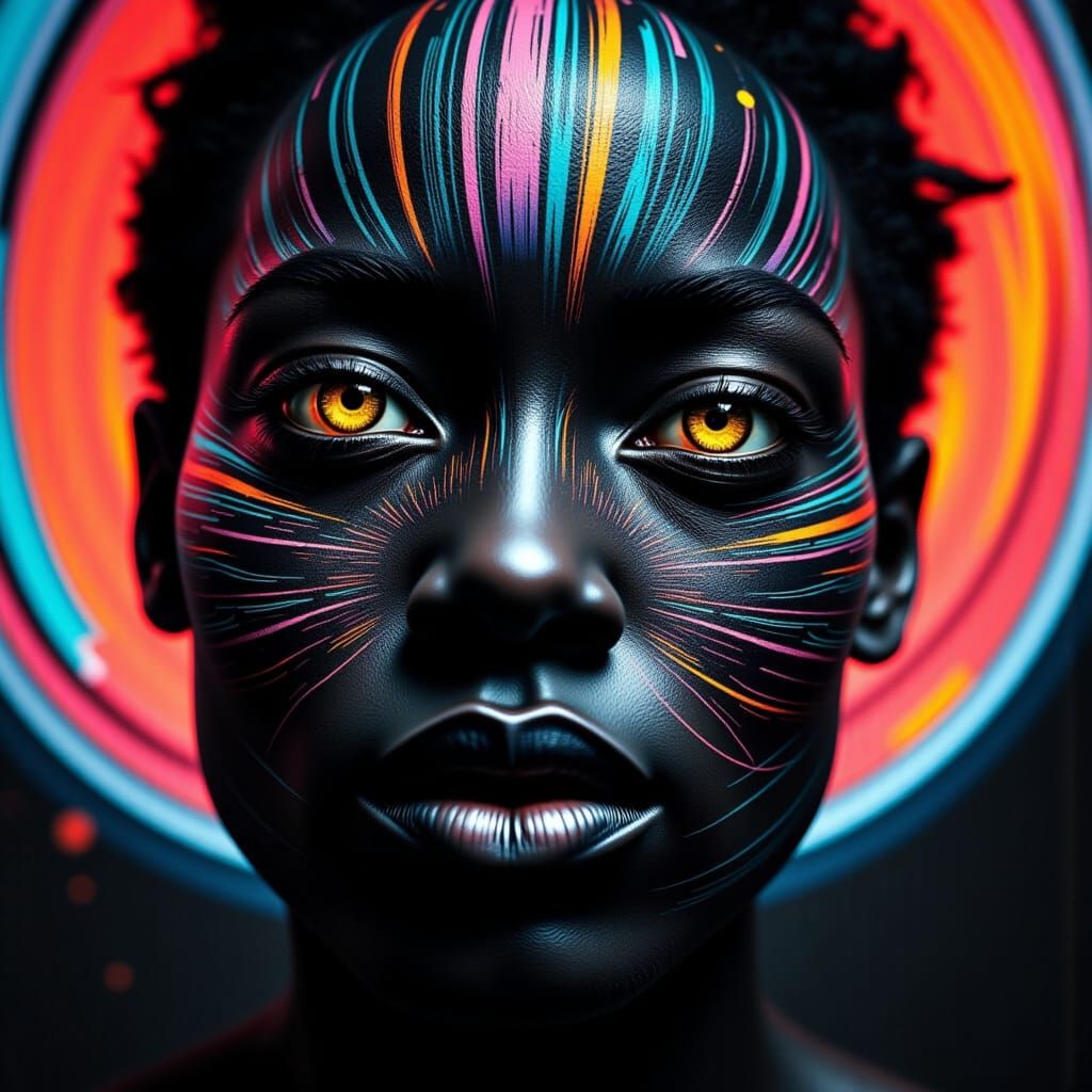 <lora:JaGL:1.0> stripes all over a black female's face creative and beauty and a masterpiece with pretty shinny yellow e...
