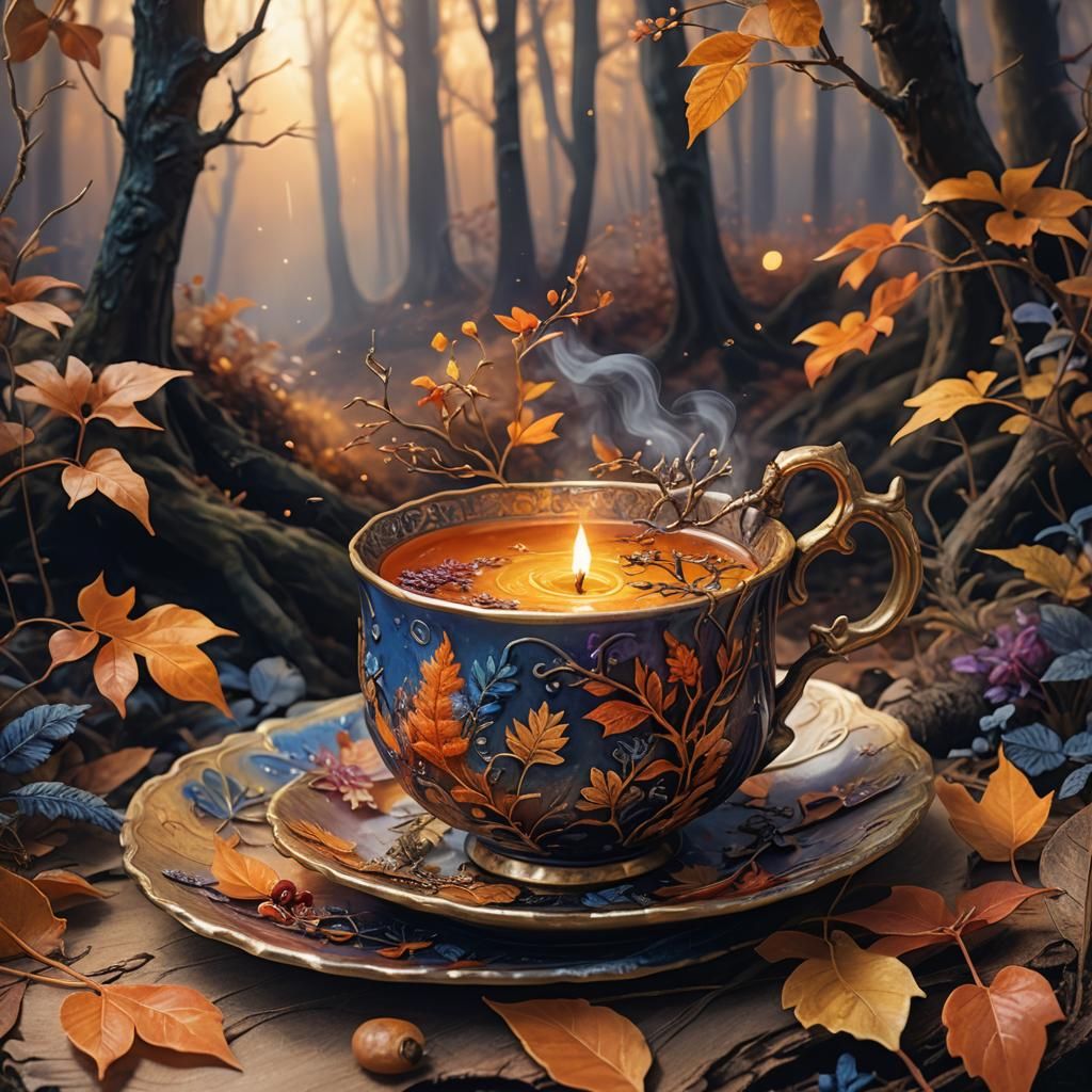 Autumnal Forest in Teacup: Whimsical Concept Art