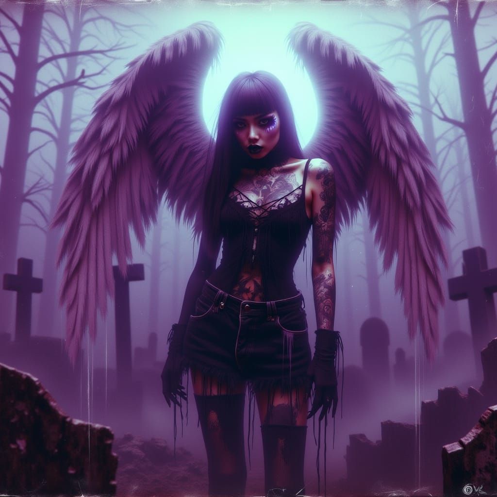 Fallen Angel in Cemetery with Grunge Aesthetic