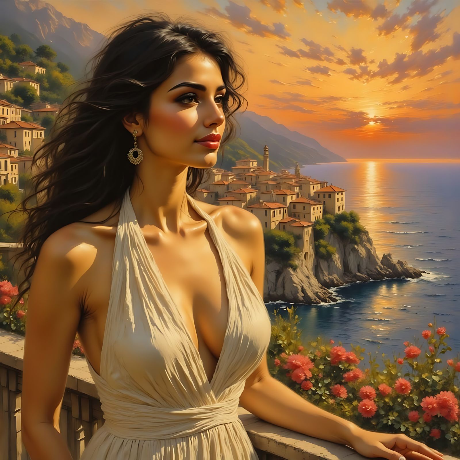 Impressionist Oil Painting of Italian Woman on Amalfi Coast