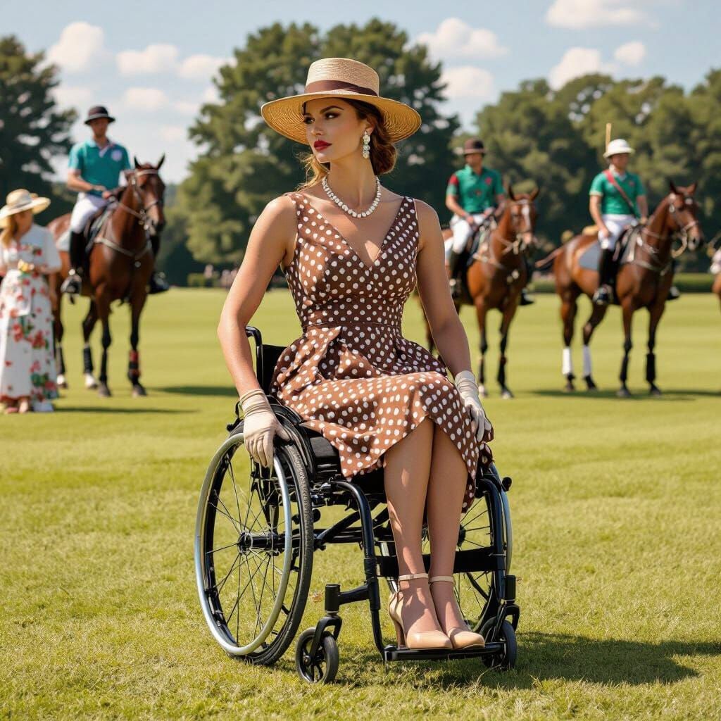 Elegant Woman in Wheelchair at Polo Game, Hyperrealistic Sty...