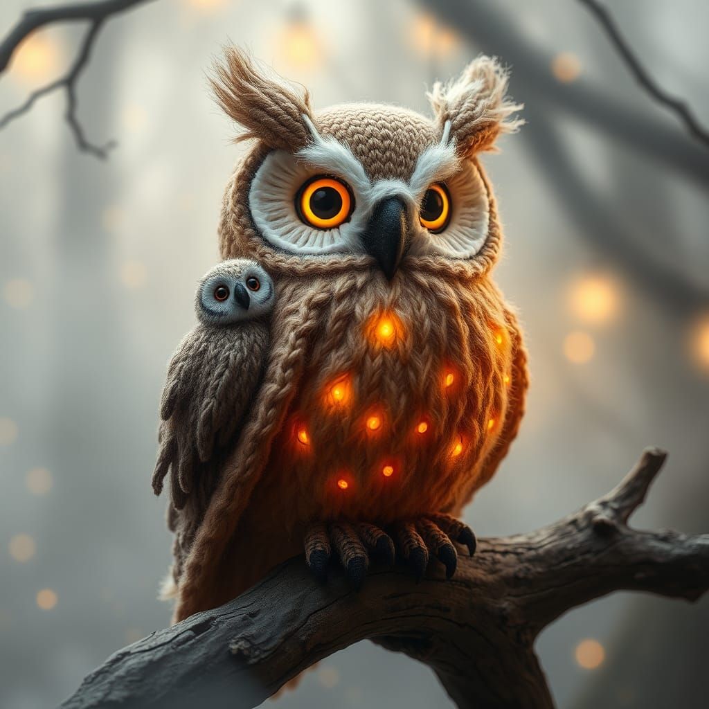Knitted Owl and Owlet in Mystical Mist