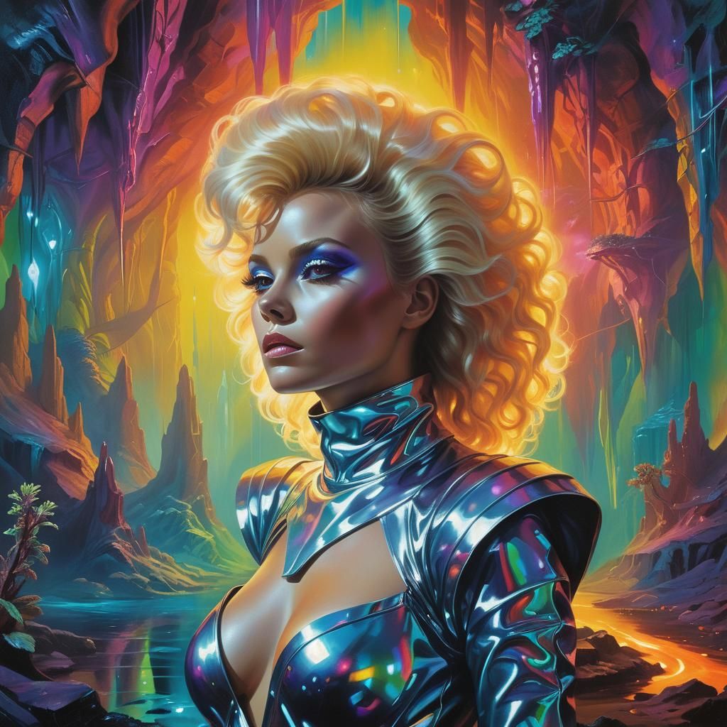 Woman in Chrome Jumpsuit in Sci-Fi Cavern