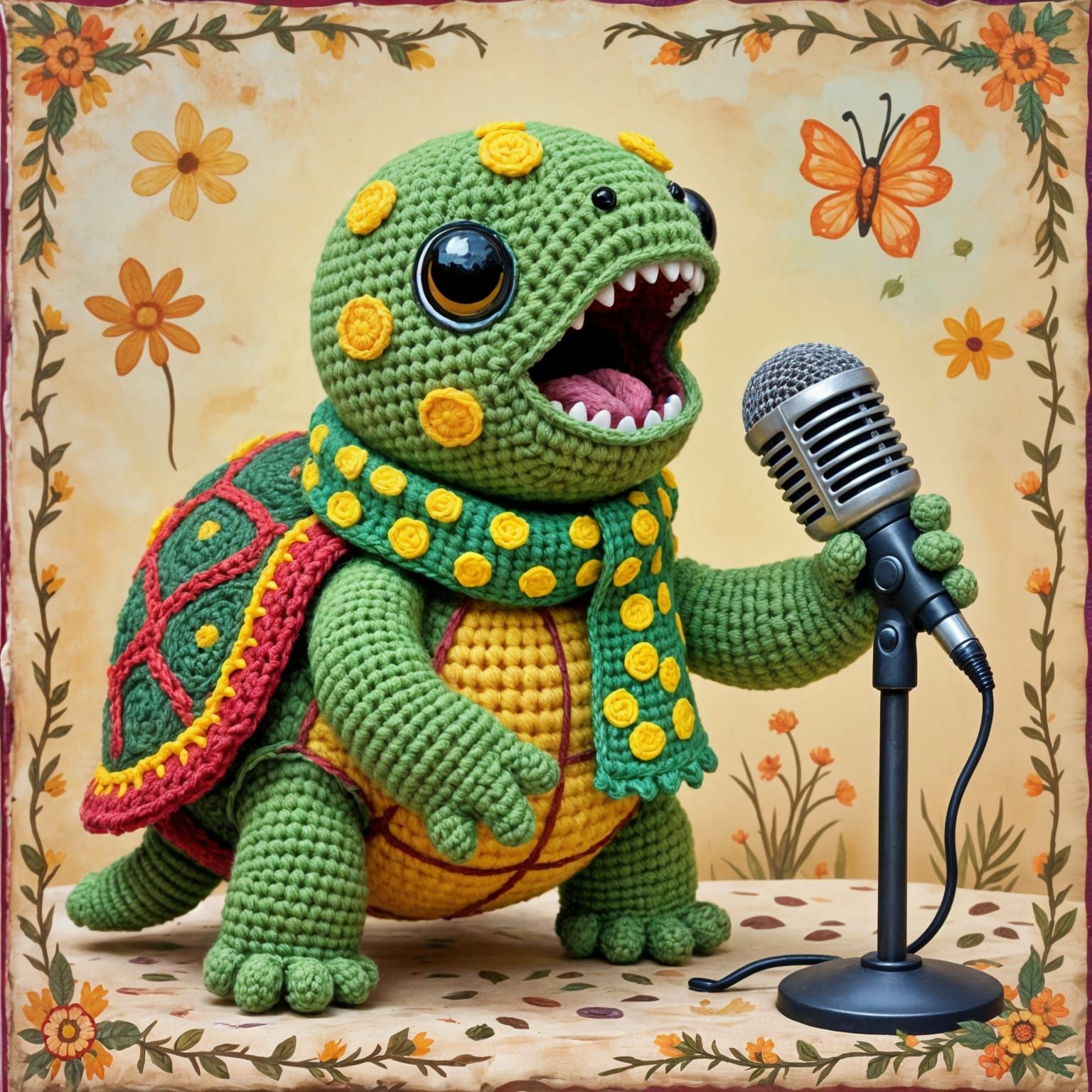 Colorful Crochet Turtle Singing with Passion