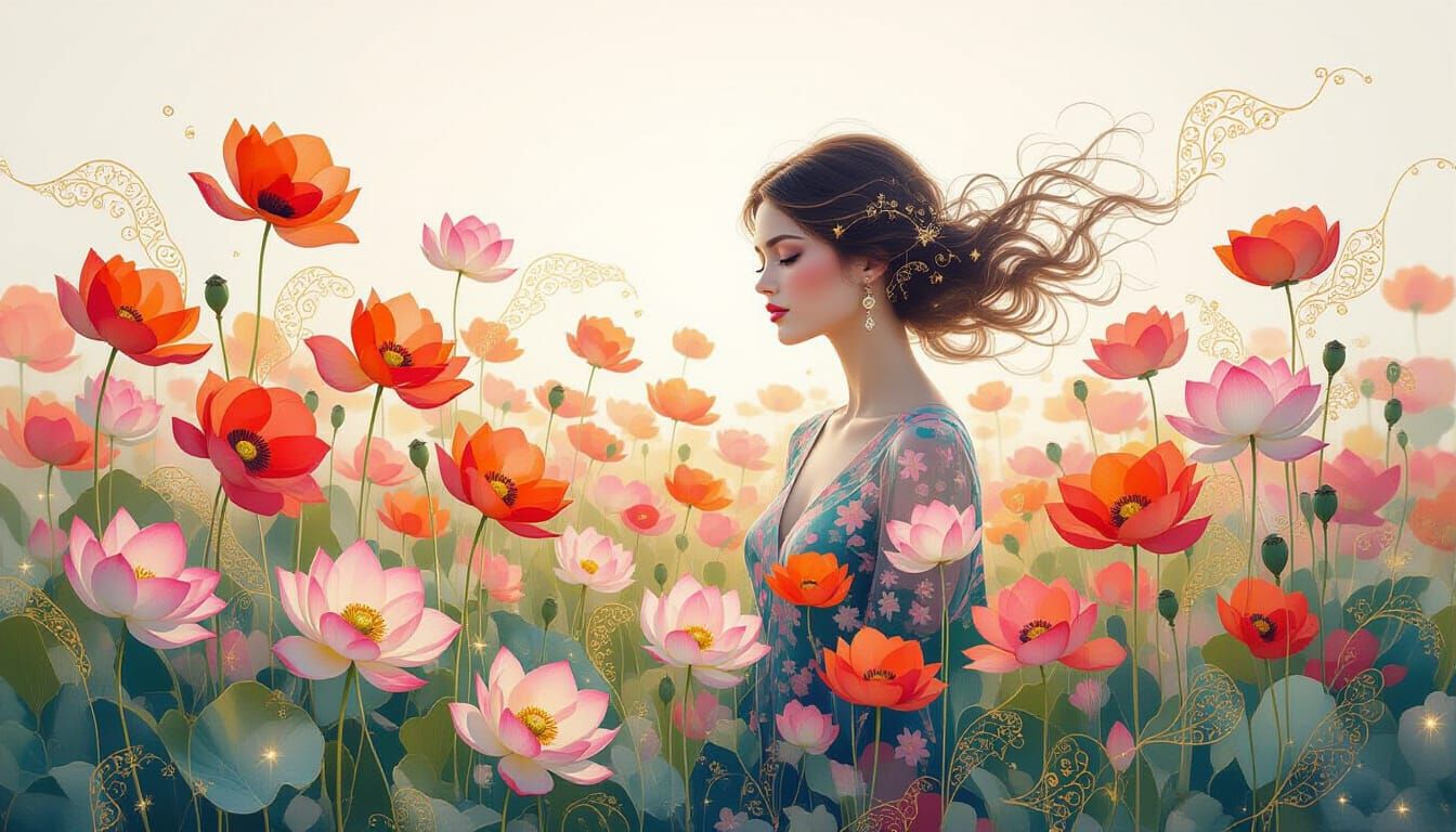 Hyper-Realistic Woman Among Floating Poppies in Watercolor S...