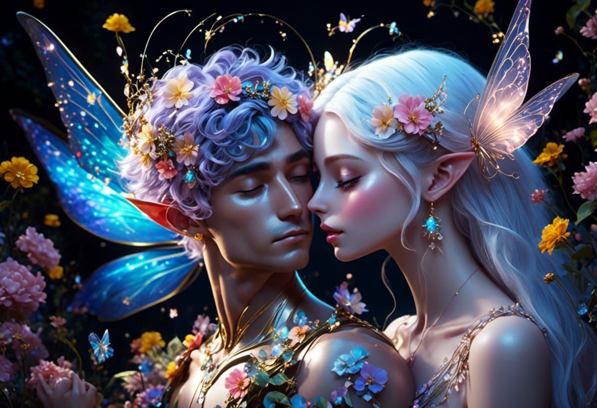 Fairy Couple Kissing in Flower Field