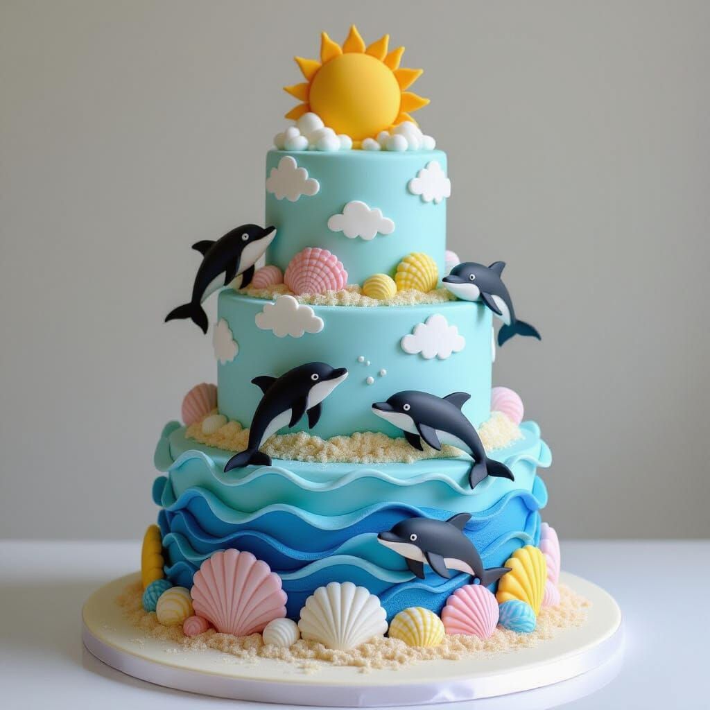 Beach Themed Tiered Cake Sculpture with Whimsical Textures